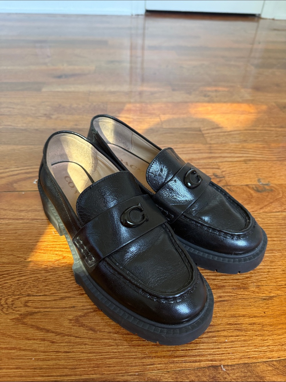 Coach Women Black Leather Penny Loafers with Signature 'C' Accent